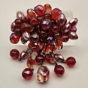 Vintage W. Germany Ruby Red Aurora Borealis Glass Bead Link Dangle Waterfall Cluster Brooch Pin