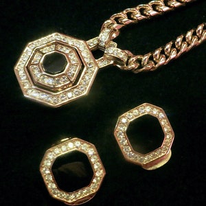 Henkel Gross for CHRISTIAN DIOR Octagon Shaped 18K Gold Plated Swarovski Crystals & Onyx Pendant Necklace Clip Earrings Women&#39;s Jewelry Set