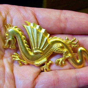 Vintage JJ Jonette Jewelry Signed Large Matte Gold Tone DRAGON Sea Creature Loch Ness Monster 1980s Costume Jewelry Unisex Men Women VGC