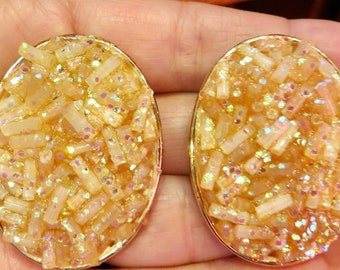 Pendientes enormes de celuloide de lucita con purpurina vintage de los años 50, estilo art déco dorado de 4,35 cm, bisutería para mujer, brillo retro.