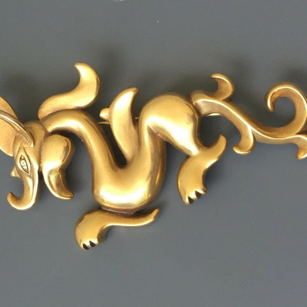 Vtg. MMA METROPOLITAN MUSEUM of Art Signed Large Dragon Brooch Gold Tone Serpent Sea Creature Brooch Pin High End Jewelry Museum Quality