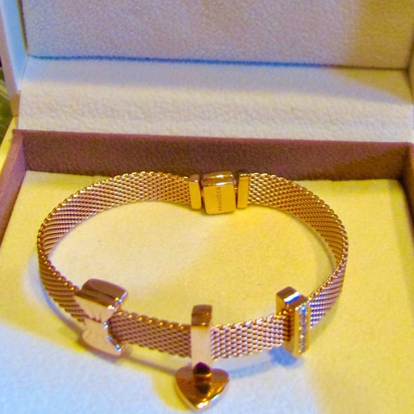 Authentic PANDORA 18K Rose Gold Clad Sterling Silver Designer Signed 3 Charm Slide Bracelet Heart Bow CZ Diamond Pouch Bag Sz Sm Womens Gift