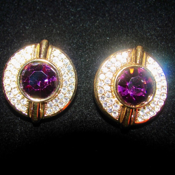 Vintage LANVIN GERMANY 18K Gold Clad Genuine Faceted Amethyst Stone & Swarovski Crystal Gt Clip Earrings High Quality Women's Jewelry Estate