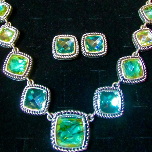 Vintage 80s NAPIER Faux Tourmaline Green Glass Bezel Set Stone Necklace & Matching Pierced Earrings Women's Signed Costume Jewelry Silver EC