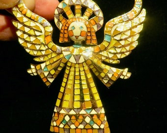 Authentische BOB MACKIE signierte Goldton Mosaik Cloisonne Stil Emaille Engel Urlaub Weihnachtsgeschenk Designer Damen Kostüm Schmuck Pin Brosche