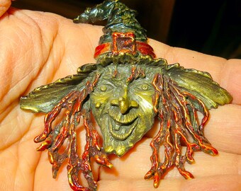 Vtg. JJ JONETTE Jewelry Polished Black and Vibrant Orange Enamel Brass Tone Scary Witch Brooch Halloween Hag Costume Jewelry Book Piece! EC