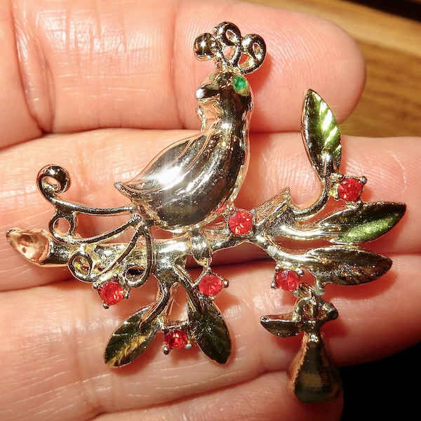TANCER II Signed Silver Partridge In A Pear Tree With Red Rhinestone Berries Collectible Christmas Tree Holiday Jewelry