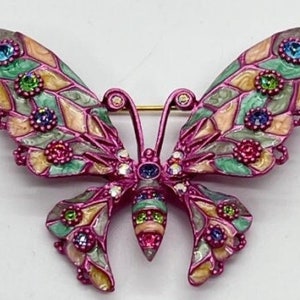 Stunning Joan Rivers Signed Pearlized Pink Fuchsia & Green Bejeweled Butterfly Brooch Pin Vintage Jewelry Figural Insects