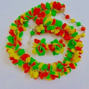 Vintage 1960&#39;s Lucite Leaf Fruit Salad Necklace and Clip Earring Set Citrus Colors Lime Lemon Orange Mod Women&#39;s Celluloid Costume Jewelry