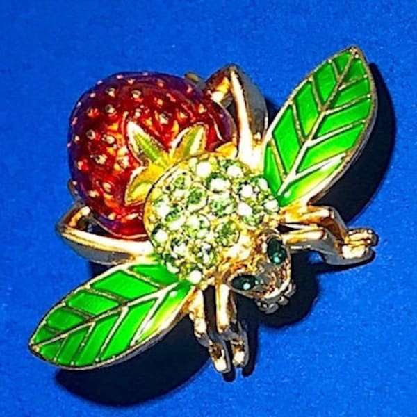 Vibrant STRAWBERRY BEE by Joan Rivers Classic Collection Large Pin Brooch Green & Red Enamel w/ Citrine Rhinestones Figural Costume Jewelry