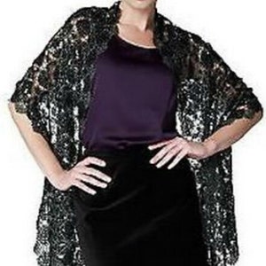 JOAN RIVERS Metallic Charcoal Gray Tone Sequins On Black Lace Scarf Scarves Wrap Shawl New In Package Wedding Prom Women&#39;s Accessory New