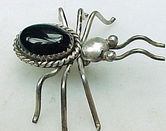 Navajo Onyx Sterling Silver 925 Bug Spider Insect Vintage Figural Brooch Pin Unisex Fine Jewelry American Indian Women Men Mid Century 1.50"