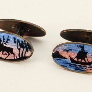 Rare DAVID ANDERSEN Norway DA 925 S Fine Sterling Silver Vibrant Guilloche Enamel Double Sided Cufflinks Viking Ship Fjord Moose Elk