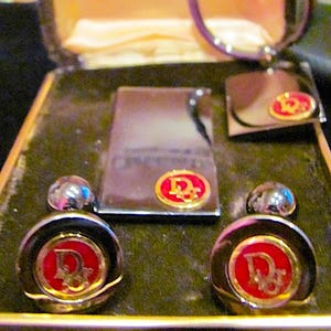 Vintage Christian Dior Signed Graphite W/ Red Enamel 14K Logo Money Clip Cuff Links Keychain Original Box Men&#39;s Unisex High End Accessories