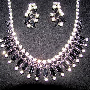 Stunning JOSEPH WARNER New York Signed Vintage Jet Black & Clear Rhinestone Choker Necklace and Matching Clip Earrings Women&#39;s Jewelry Set