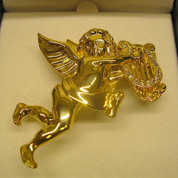 RESERVED GIVENCHY Signed Jewelry Signed Gold Tone & Rhinestone Cherub Angel Playing Lyre Harp Brooch Pin Christmas Holiday Designer Rare