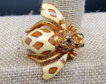 Vintage JOAN RIVERS Signed "Joan Of The Jungle" Leopard Bee Pin Brooch Enamel Rhinestone Figural Insect Bug Costume Jewelry