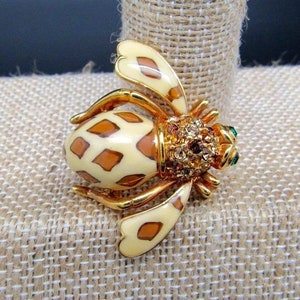 Vintage JOAN RIVERS Signed &quot;Joan Of The Jungle&quot; Leopard Bee Pin Brooch Enamel Rhinestone Figural Insect Bug Costume Jewelry