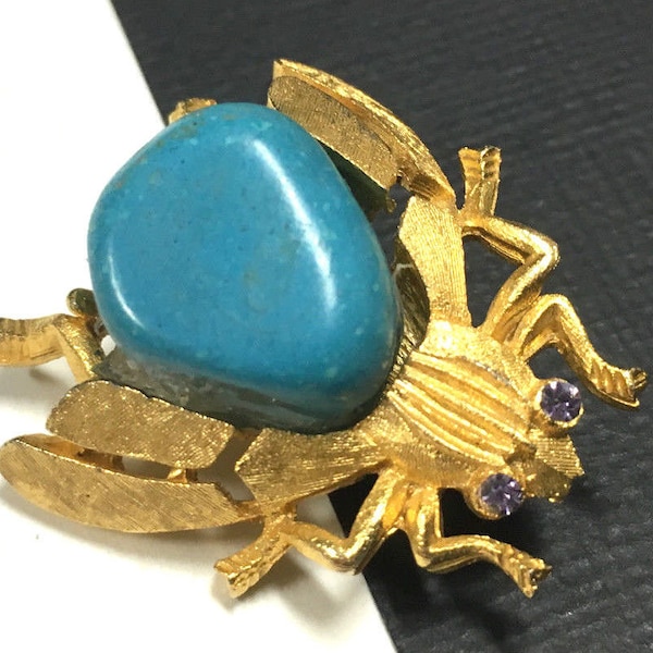 Vtg CROWN TRIFARI Style Turquoise Jelly Belly Purple Rhinestones Heavy Gold Plated Bug Fly Bee Insect Brooch Pin Figural Costume Jewelry VGC