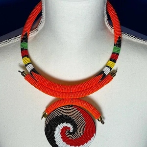 Bold African Tribal Seed Bead Hand-Crafted Statement Choker Life Cycle Pendant Necklace Colorful Orange Red Black Bronze Unisex Women&#39;s EVC