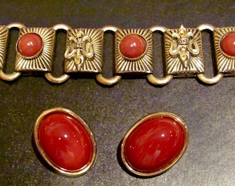 Vintage JOMAZ Joseph Mazer Signed Carnelian Red Cabochon Book Chain Link Bracelet and Matching Clip Earrings Women's Quality Costume Jewelry