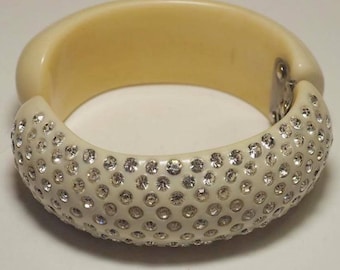 Mint WEISS Ivory Bakelite Celluloid Clear Rhinestone Hinged Clamper Cuff Bracelet Estate Womens Jewelry Mid Century Excellent Condition Gift