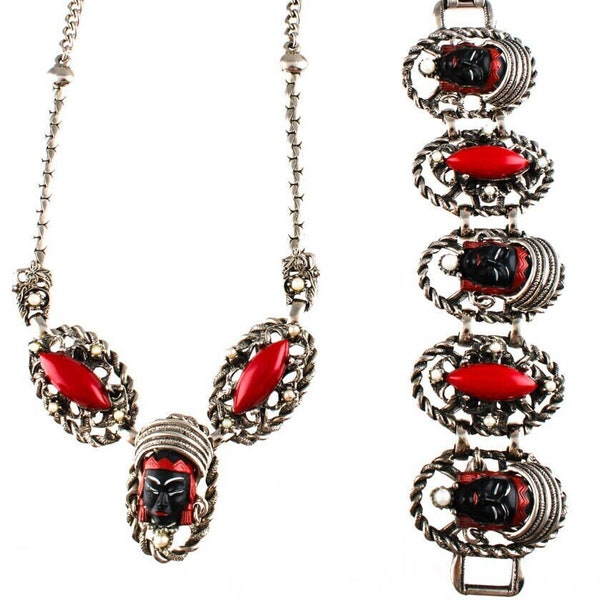 Vtg. SELRO SELINI 3 Pc Jewelry Set Black & Red Asian Face Female Jewelry Designer Paul Selenger Necklace Bracelet Clip Earrings Old Plastics