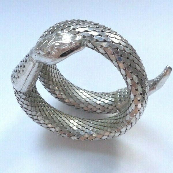 Rare WHITING DAVIS Signed Silver Mesh Snake Serpent Egyptian Coiled Asp Wrist Arm Cuff Bracelet Art Deco High Fashion Estate Jewelry XCOND!