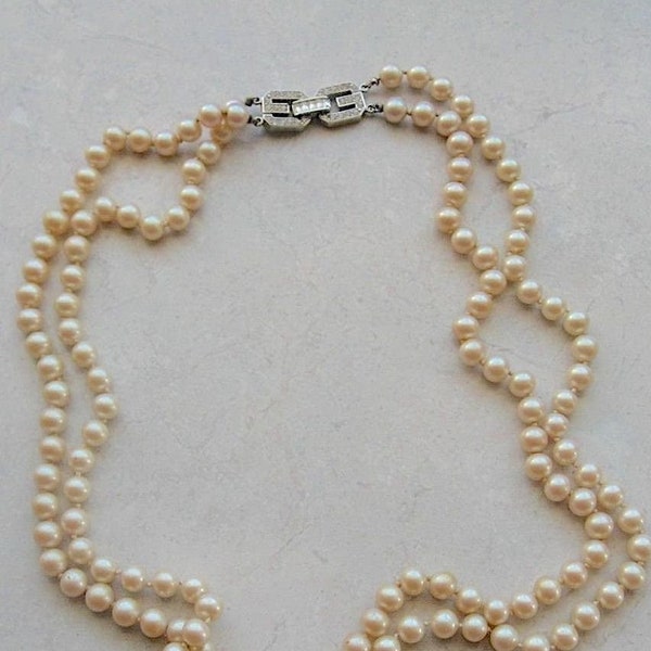 Vintage GIVENCHY 1977 Paris New York Designer Signed Double Strand 23" 25" Knotted Faux Pearl Necklace Rhinestone Clasp Orig. Pouch Women's