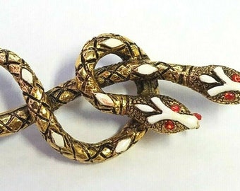 ART Signed Figural Diamondback Double Snake Brooch Pin Vintage 3” Gold White Enamel Red Rhinestone Eyes Slithering Serpent Arthur Pepper