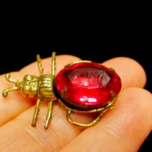 Vintage SADIE GREEN Signed Red Rhinestone Jelly Belly & Brass Tone Beetle Insect Bug Brooch Pin Egyptian Revival Designer Costume Jewelry EC image 1