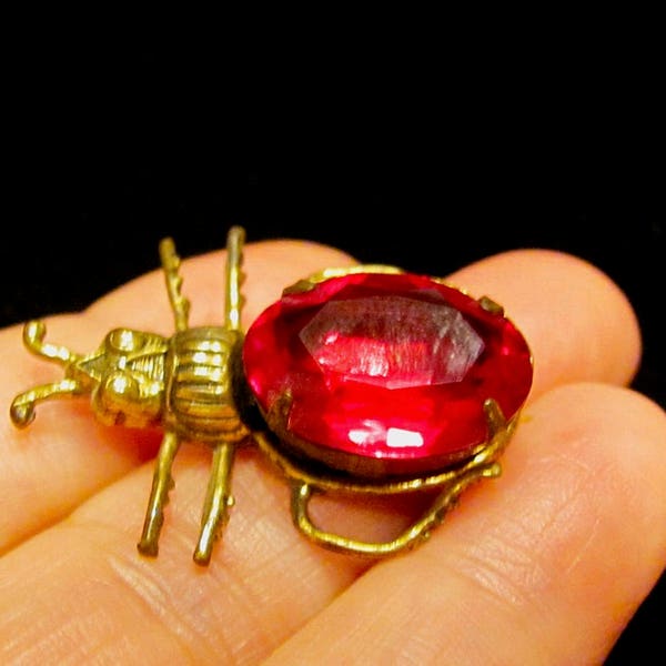 Vintage SADIE GREEN Signed Red Rhinestone Jelly Belly & Brass Tone Beetle Insect Bug Brooch Pin Egyptian Revival Designer Costume Jewelry EC