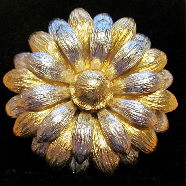 Rare NETTIE ROSENSTEIN Signed Mid Century 2" Tiered Figural Flower Two Tone Brooch Pin Women's Designer Costume Jewelry