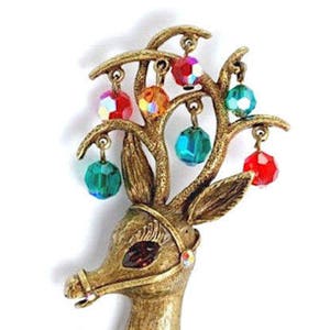 Vintage SWEET ROMANCE Signed RUDOLPH The Red Nose Reindeer W/ Red Green Blue Dangling Beads Textured Gold Tone Figural Holiday Brooch Pin image 4