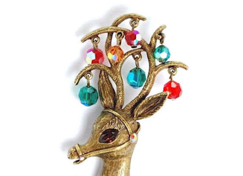 Vintage SWEET ROMANCE Signed RUDOLPH The Red Nose Reindeer W/ Red Green Blue Dangling Beads Textured Gold Tone Figural Holiday Brooch Pin image 4