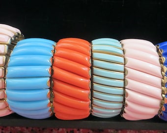 Vintage 50s Lucite Thermoset Accordion Panel Expansion Cuff Bracelet Coral, Pink, Turquoise Womens Jewelry CHOOSE One Color!
