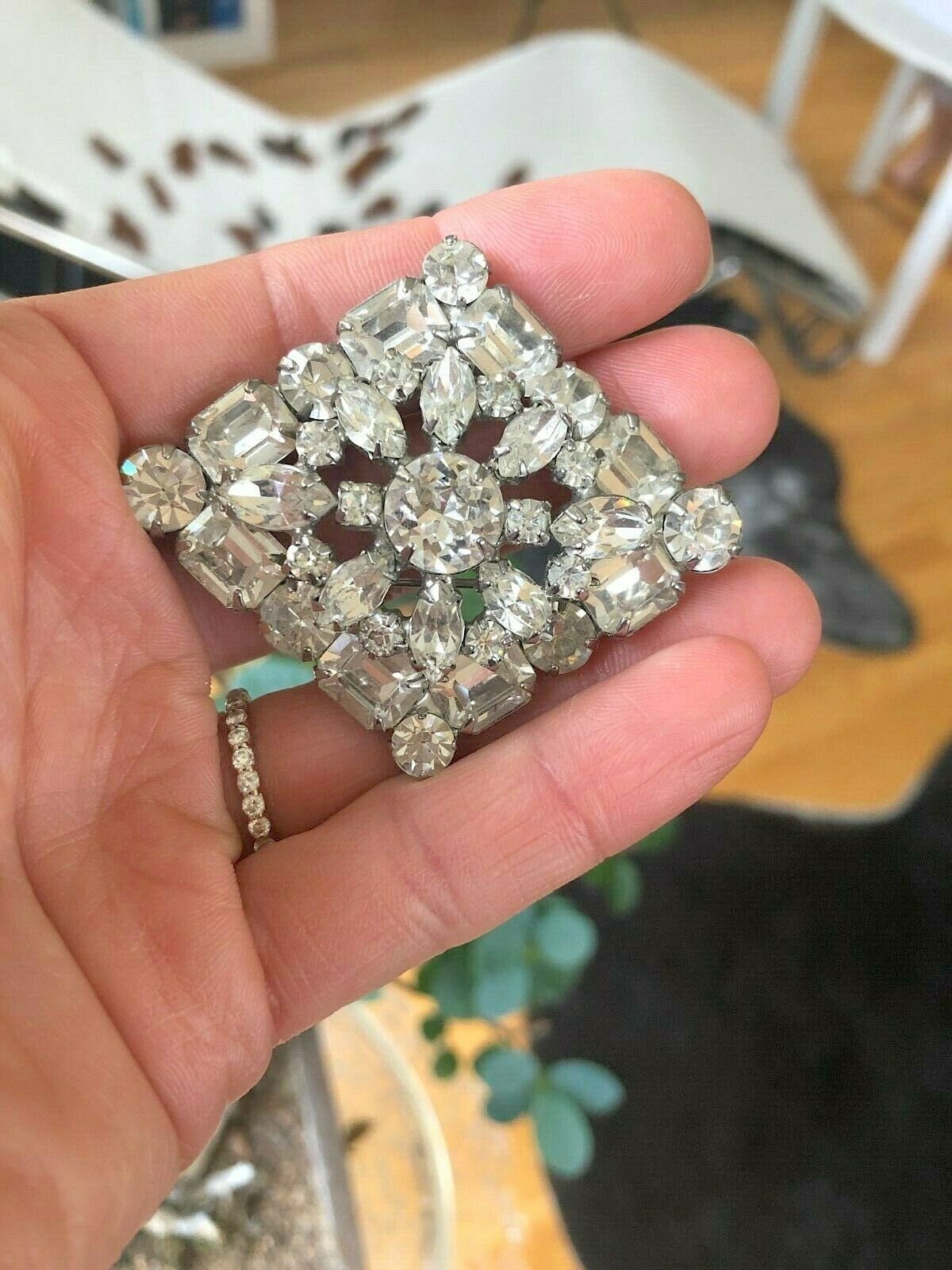1 pc Square Clear White Rhinestone Safety Pin / Brooch Pin 3 inch length  B279