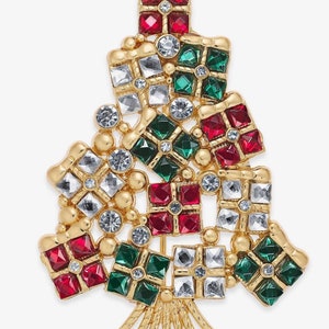 Macy&#39;s Holiday Lane Christmas Presents Tree Pin Brooch Red, Green, & Clear Rhinestones Vintage Holiday Costume Jewelry Unisex Women Seasonal