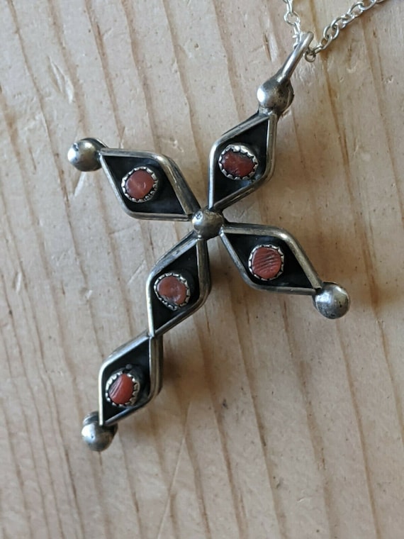 Two Sided Vintage Navajo Turquoise Coral Sterling Silver Cross Necklace Two Sided Vintage Navajo Turquoise Coral Sterling Silver Cross Necklace