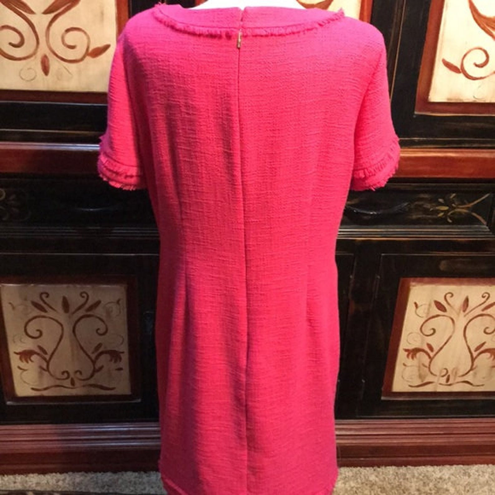 karl lagerfeld pink dress with pearls Karl Lagerfeld Paris Women's Short-Sleeve Short Dress - Hot Pink/Soft White