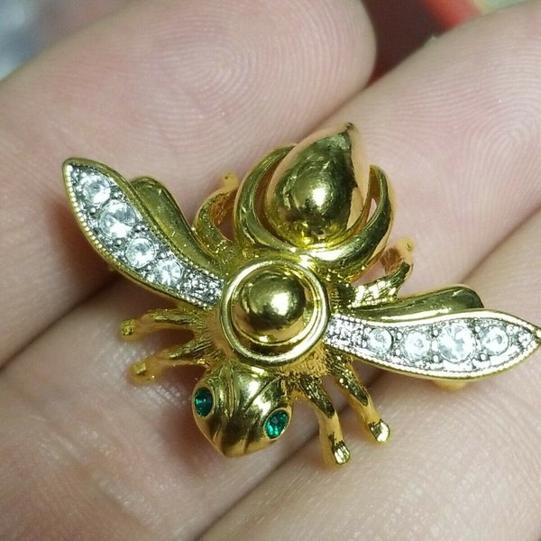 Vintage JOAN RIVERS Signed Classic Shiny Gold Tone Cabochon Interchangeable Bee Brooch Pin NOS Women Designer Costume Jewelry