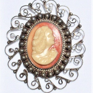 Vintage Large Sterling Silver 925 Carved Shell Cameo Brooch Pin Pendant Lattice Work Frame Women&#39;s Fine Jewelry Collectible Heirloom Gift