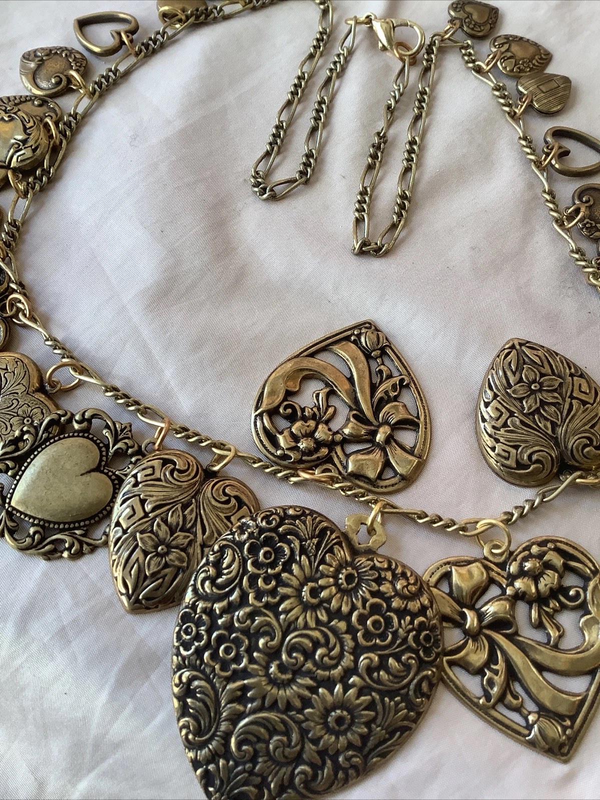 Vintage PIDIDDLY LINKS Loaded Hearts Necklace 27 Brass Charms