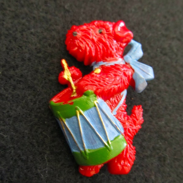 Vintage 40's Red Scottish Scottie Terrier Dog Playing Drum Made Germany Celluloid Brooch Pin Old Plastics Jewelry Figural Animal Christmas