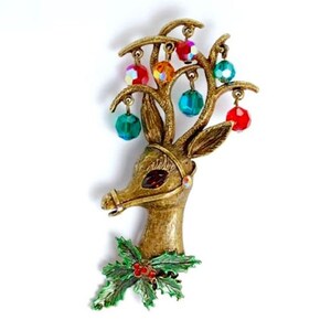 Vintage SWEET ROMANCE Signed RUDOLPH The Red Nose Reindeer W/ Red Green Blue Dangling Beads Textured Gold Tone Figural Holiday Brooch Pin image 5