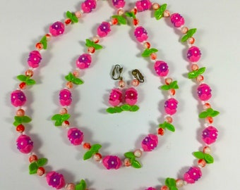 Beautiful Vintage 42" Pink Purple Beaded Plastic Flower Necklace and Matching Dangle Earrings Fruit Salad Jewelry Set Carmen Miranda Kitsch