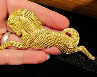 Rare Vintage JJ 1988 Signed JONETTE Large Egyptian Revival Textured Gold or Silver Tone Figural Horse Brooch Pin Equestrian Women's Jewelry