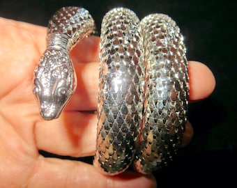 Rare WHITING & DAVIS Signed Silver Mesh SNAKE Serpent Egyptian 3 Coil Wrist Arm Cuff Bracelet Art Deco High Fashion Vintage Estate Jewelry