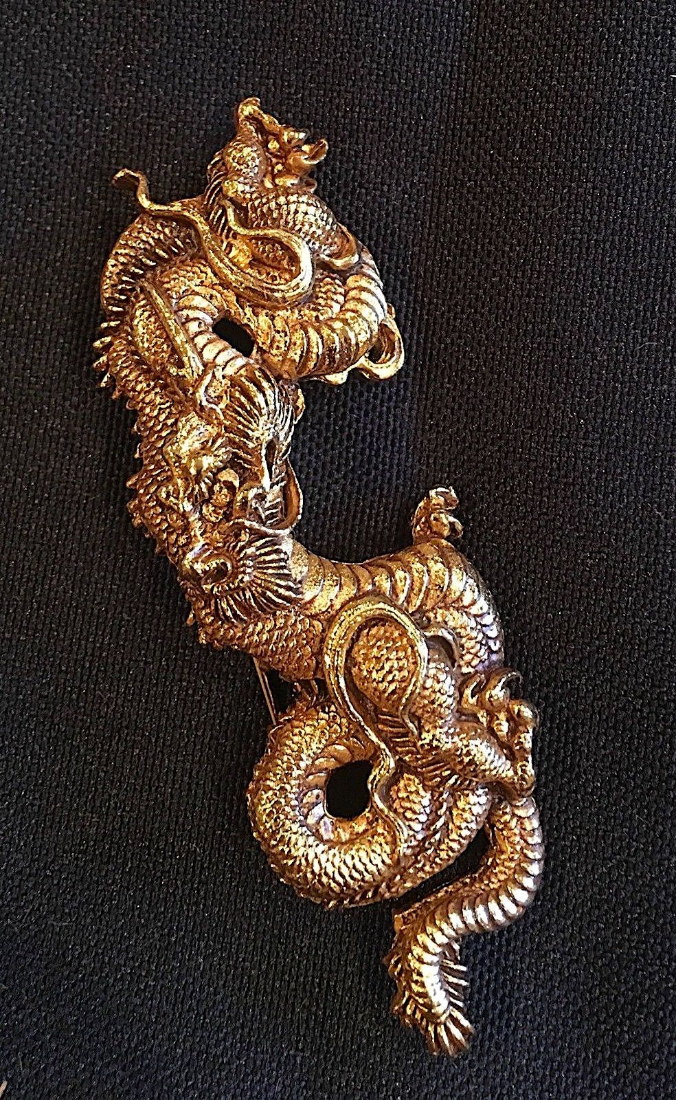 ALVA MUSEUM Signed Gold Plated Figural Fighting DRAGON Pin