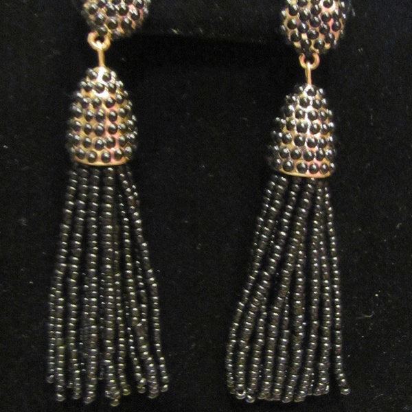 SALE! Vintage Black Glass Seed Bead Gold Tone 3 1/2" Tassel Dangle Pierced Earrings Oscar De La Renta Women's Costume Jewelry NOS Boho Chic